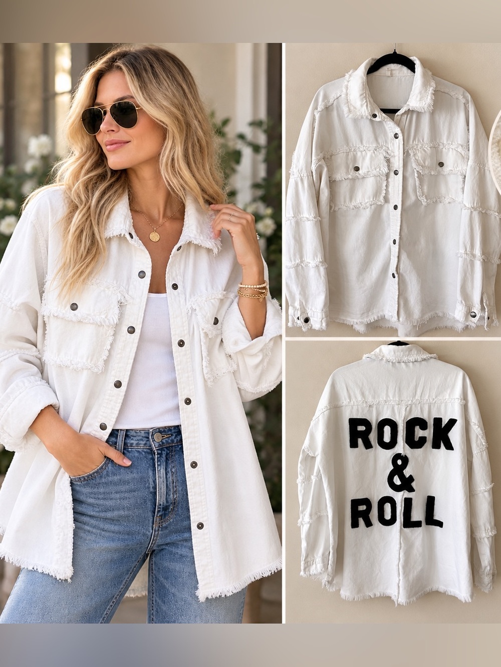 Elan White Rock & Roll Chenille
Patch Distressed Denim
Shacket size medium